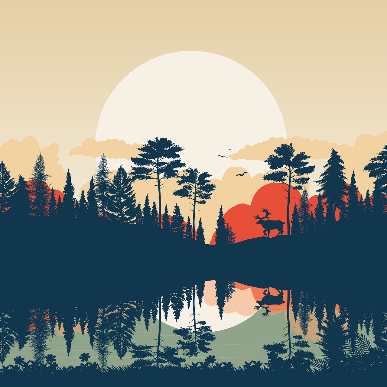 lake, forest, sunset